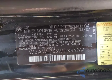 2007 BMW 335I из США, поврежденный, VIN WBAWL73597PX46284